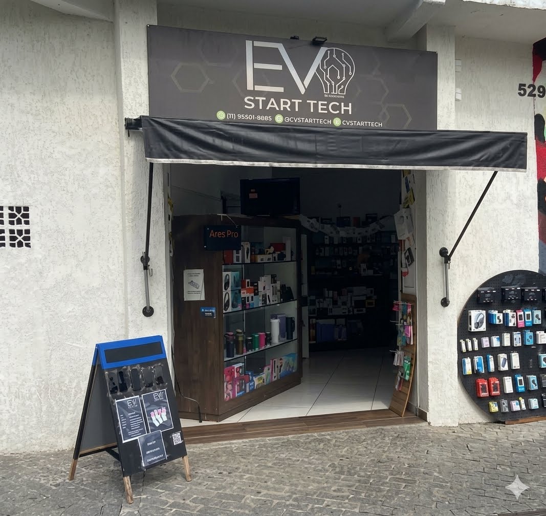 Fachada da loja Ev Start Tech, assistência técnica de celulares na Rua Alexandre Fuzaro, Jardim Primavera, São Paulo